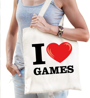 Bellatio Decorations Katoenen tasje I love games wit voor dames en heren - Feest Boodschappentassen Beige