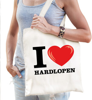 Bellatio Decorations Katoenen tasje I love hardlopen wit voor dames en heren Beige