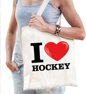 Bellatio Decorations Katoenen tasje I love hockey wit voor dames en heren - Feest Boodschappentassen Beige