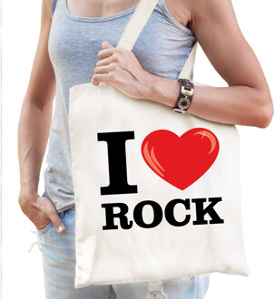 Bellatio Decorations Katoenen tasje I love rock wit voor dames en heren - Feest Boodschappentassen Beige