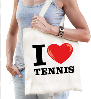 Bellatio Decorations Katoenen tasje I love tennis wit voor dames en heren - Feest Boodschappentassen Beige