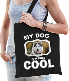 Bellatio Decorations Katoenen tasje my dog is serious cool zwart - Husky honden cadeau tas - Feest Boodschappentassen