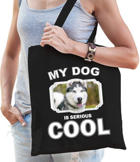 Bellatio Decorations Katoenen tasje my dog is serious cool zwart - Husky honden cadeau tas - Feest Boodschappentassen