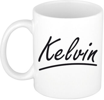Bellatio Decorations Kelvin Naam koffiemok - beker - met sierlijke letters - wit - 300 ml - Cadeau - Heren
