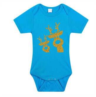 Bellatio Decorations kerst baby romper - blauw/goud glitter dier 92 (18-24 maanden)