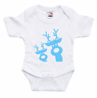 Bellatio Decorations kerst baby romper - wit/blauw glitter - dier 92 (18-24 maanden)