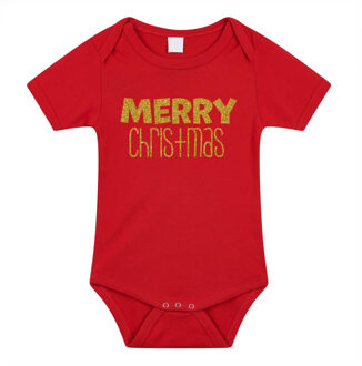 Bellatio Decorations Kerst baby rompertje - rood - glitter goud - Merry Christmas - Kerst cadeau 68 (4-6 maanden)