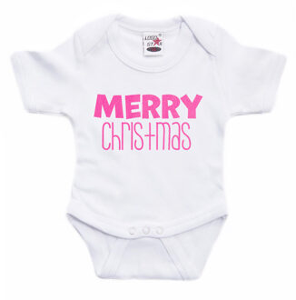 Bellatio Decorations Kerst baby rompertje - wit - glitter roze - Merry Christmas - Kerst cadeau 68 (4-6 maanden)