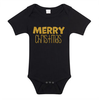 Bellatio Decorations Kerst baby rompertje - zwart - glitter goud - Merry Christmas - Kerst cadeau 68 (4-6 maanden)