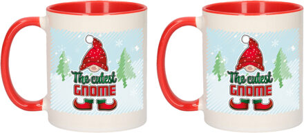 Bellatio Decorations Kerst cadeau koffiemok - 2x - gnoom - kerstkabouter - rood - 300 ml - keramiek