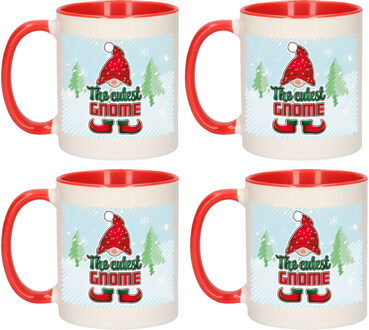 Bellatio Decorations Kerst cadeau koffiemok - 4x - gnoom - kerstkabouter - rood - 300 ml - keramiek
