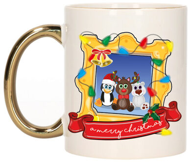 Bellatio Decorations Kerst cadeau koffiemok - kerst diertjes - goud - 300 ml - keramiek