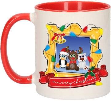 Bellatio Decorations Kerst cadeau koffiemok - kerst diertjes - rood - 300 ml - keramiek