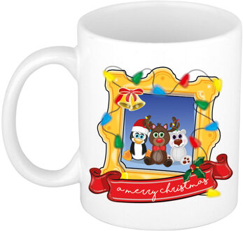 Bellatio Decorations Kerst cadeau koffiemok - kerst diertjes - wit - 300 ml - keramiek
