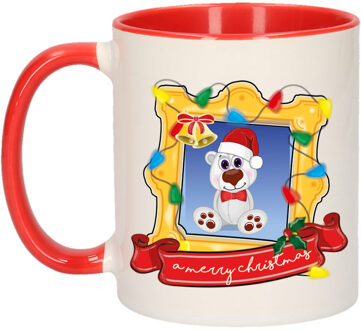 Bellatio Decorations Kerst cadeau koffiemok - kerst ijsbeer - rood - 300 ml - keramiek