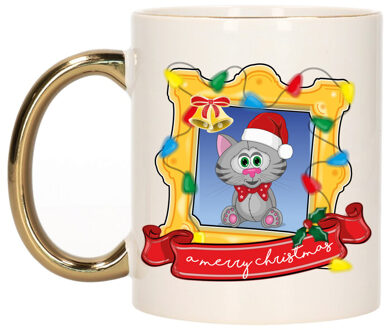 Bellatio Decorations Kerst cadeau koffiemok - kerst katje - goud - 300 ml - keramiek