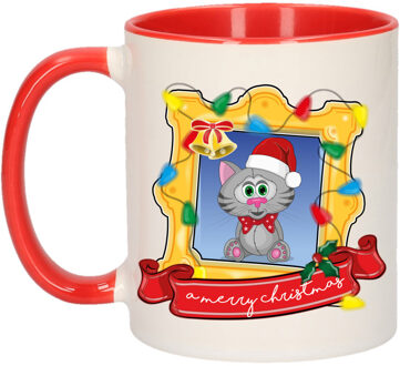Bellatio Decorations Kerst cadeau koffiemok - kerst katje - rood - 300 ml - keramiek