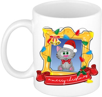 Bellatio Decorations Kerst cadeau koffiemok - kerst katje - wit - 300 ml - keramiek