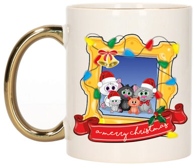Bellatio Decorations Kerst cadeau koffiemok - kerst katjes - goud - 300 ml - keramiek
