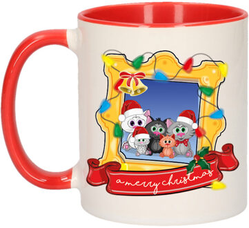 Bellatio Decorations Kerst cadeau koffiemok - kerst katjes - rood - 300 ml - keramiek