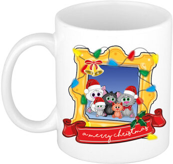 Bellatio Decorations Kerst cadeau koffiemok - kerst katjes - wit - 300 ml - keramiek