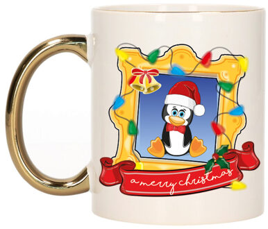 Bellatio Decorations Kerst cadeau koffiemok - kerst pinguin - goud - 300 ml - keramiek