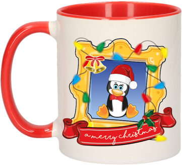 Bellatio Decorations Kerst cadeau koffiemok - kerst pinguin - rood - 300 ml - keramiek
