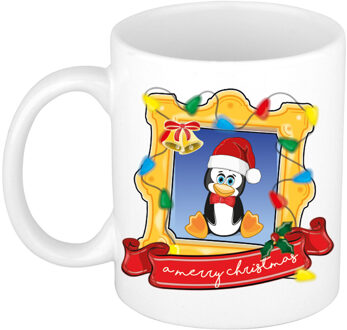 Bellatio Decorations Kerst cadeau koffiemok - kerst pinguin - wit - 300 ml - keramiek