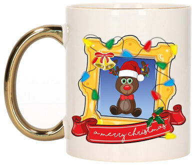Bellatio Decorations Kerst cadeau koffiemok - kerst rendier - goud - 300 ml - keramiek