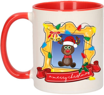 Bellatio Decorations Kerst cadeau koffiemok - kerst rendier - rood - 300 ml - keramiek