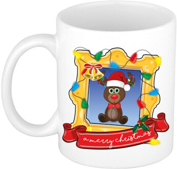 Bellatio Decorations Kerst cadeau koffiemok - kerst rendier - wit - 300 ml - keramiek