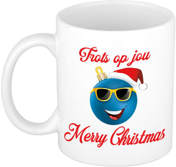 Bellatio Decorations Kerst cadeau koffiemok - Trots op jou - smile - blauw - 300 ml - keramiek - Merry Christmas