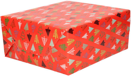 Bellatio Decorations Kerst inpakpapier met gekleurde bomen - 3x - rood - 250 x 70 cm - cadeaupapier - extra sterk