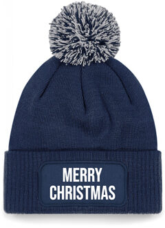 Bellatio Decorations Kerst muts met pompom - Merry Christmas - navy blauw - one size - unisex - Kerstmuts One size