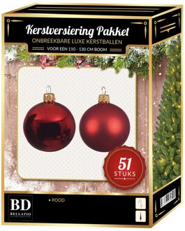 Bellatio Decorations Kerst rode kerstballen pakket 51-delig voor 120 cm boom - Kerstbal Rood