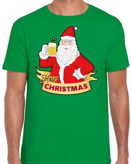 Bellatio Decorations Kerst shirt merry christmas Santa bier / proost groen heren