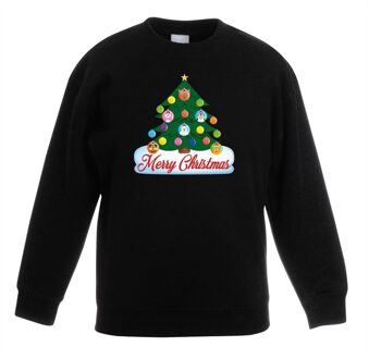 Bellatio Decorations Kerst sweater met dierenvriendjes kerstboom voor kinderen 12-13 jaar (152/164) - kerst truien kind Zwart