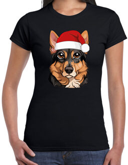 Bellatio Decorations Kerst T-shirt dames - honden - Duitse Herdershond met kerstmuts - zwart - Kerstfeest M