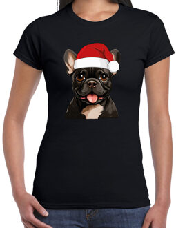 Bellatio Decorations Kerst T-shirt dames - honden - Franse Bulldog met kerstmuts - zwart - Kerstfeest S