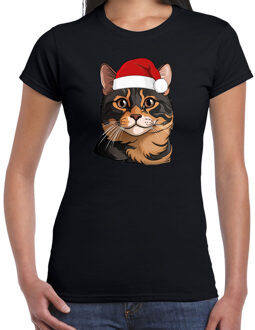 Bellatio Decorations Kerst T-shirt voor dames - bruine kat / poes met kerstmuts - zwart - Kerstfeest kleding 2XL