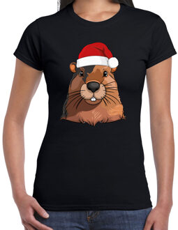 Bellatio Decorations Kerst T-shirt voor dames - (familie) Bever met kerstmuts - zwart - Kerstfeest S