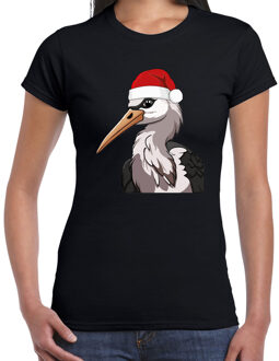 Bellatio Decorations Kerst T-shirt voor dames - (familie) Ooievaar met kerstmuts - zwart - Kerstfeest XS