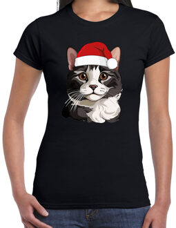 Bellatio Decorations Kerst T-shirt voor dames - grijze kat/poes met kerstmuts - zwart - Kerstfeest