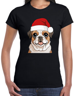 Bellatio Decorations Kerst T-shirt voor dames - honden - Mopshondje met kerstmuts - zwart - Kerstfeest L