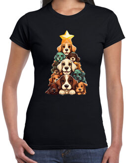 Bellatio Decorations Kerst T-shirt voor dames - kerstboom van hondjes - zwart - kersthondjes - Kerstmis XL