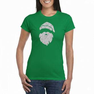 Bellatio Decorations Kerst T-shirt voor dames - Kerstman hoofd - groen - glitter bedrukking - zilver - Kerstkleding
