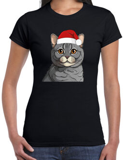 Bellatio Decorations Kerst T-shirt voor dames - lichtgrijze kat/poes met kerstmuts - zwart - Kerstfeest M