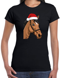 Bellatio Decorations Kerst T-shirt voor dames - paard met kerstmuts - zwart - Kerstfeest 2XL