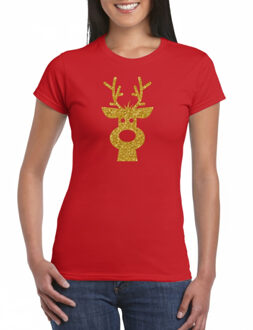 Bellatio Decorations Kerst T-shirt voor dames - rendier - rood - glitter bedrukking - goud - kerst shirt XL