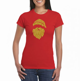 Bellatio Decorations Kerst t-shirt voor dames - rood - Kerstman hoofd - glitter bedrukking - goud